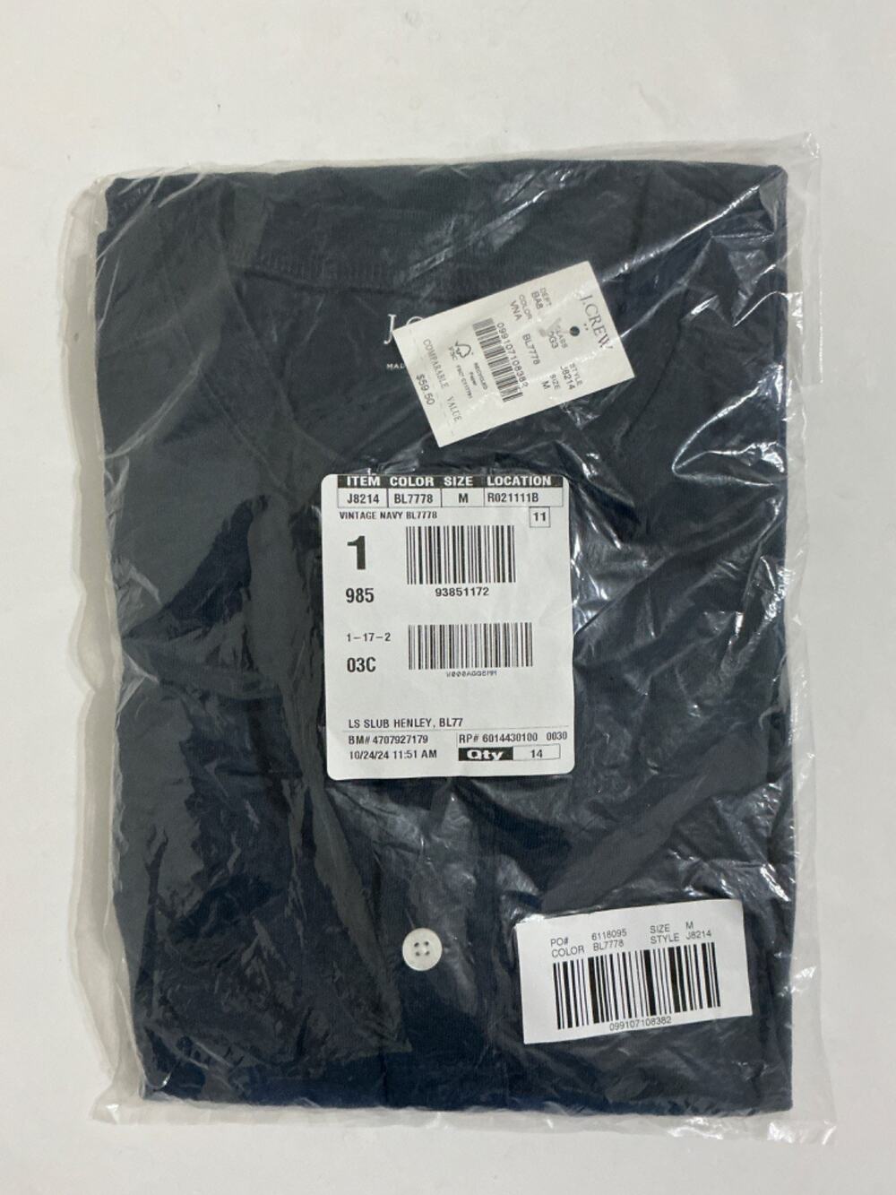 J.Crew Men's Long Sleeve Slub Henley Shirt Vintage Navy Size M NWT J8214